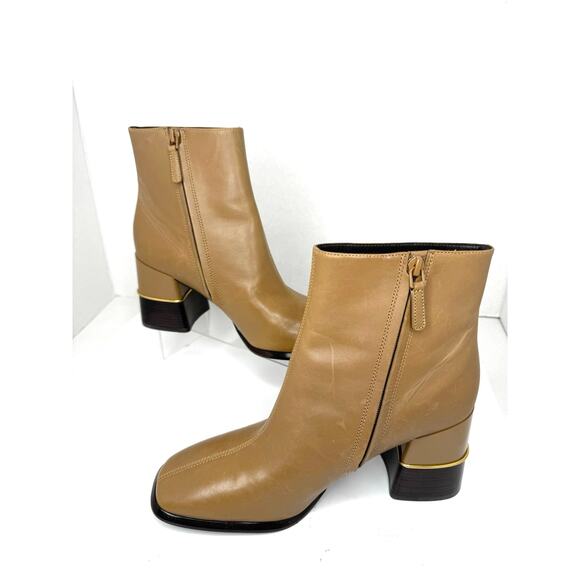 Tory Burch Tan Almond Leather Block Heel Ankle Boots Size 10 M Designer Booties - Picture 10 of 13
